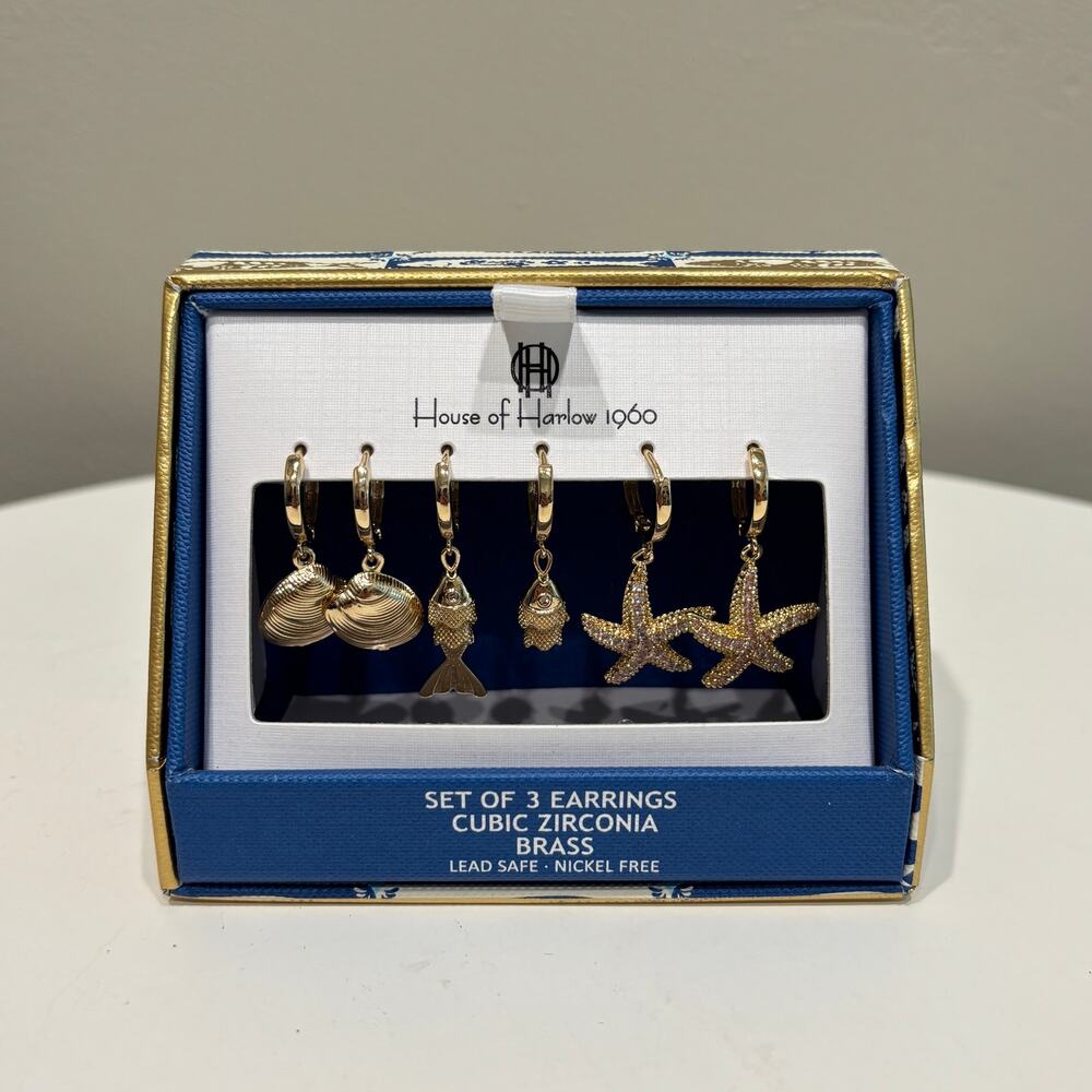 NEW House of Harlow 1960 Nautical Theme Cubic Zirconia Brass Earrings Set of 3